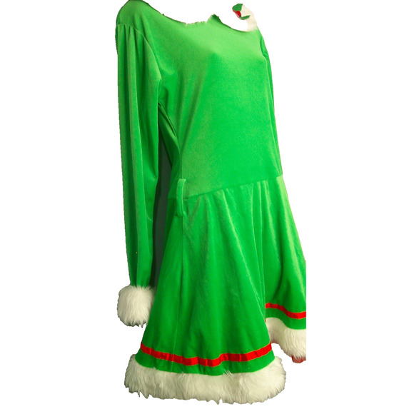 Holiday Green Velvet Elf Dress with Faux Fur – The North Pole- Women's S/M - Picture 7 of 10